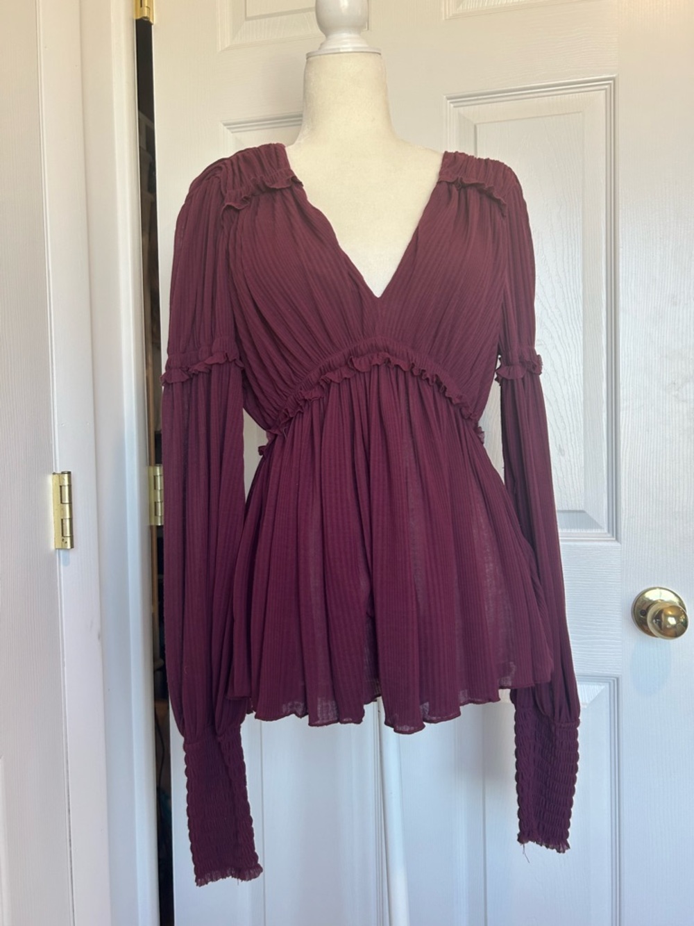Free People Sheer Womens Burgundy Pleated V-Neck Long Sleeve Top